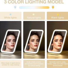 Kintion Travel Makeup Mirror, Portable LED Lighted Makeup Mirror, 360° Rotation Touch Screen Vanity Mirror, 60 LEDs, 3-Color Dimmable Lighting, Rechargeable Tabletop Folding Cosmetic Mirror, White