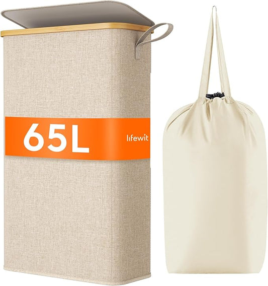 Lifewit 65L Slim Laundry Hamper with Lid, Narrow Laundry Basket with Removable Bag & Bamboo Handles, Fodable Thin Dirty Clothes Hamper for Laundry Collapsible Bin for Bathroom Bedroom Dorm, Beige