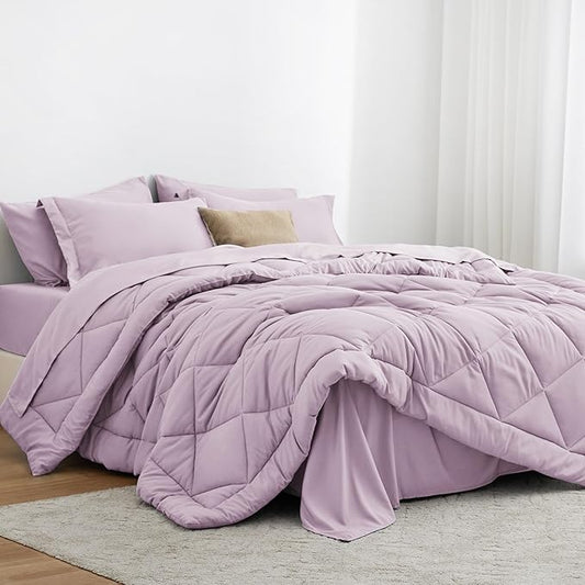 Love's cabin Twin Comforter Set Light Purple, 5 Pieces Twin Bed in a Bag, All Season Bedding Sets with 1 Comforter, 1 Flat Sheet, 1 Fitted Sheet, 1 Pillowcase and 1 Pillow Sham