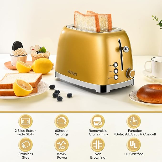 Gold Toaster 2 Slice, Wide Slot Stainless Steel, Mouqat – Best Gift, 6 Shade Settings, Bagel/Cancel/Defrost Functions, Removable Crumb Tray, Different Toast Sizes, Kitchen Essential, Cord Wrap – 825W