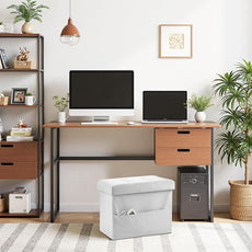 AmasSmile White Storage Ottoman Folding Foot Rest Stool with Side Pocket, 16 inch Leather Footstool Bench, Short Ottoman Bench, Storage Foot Rest Store, Books