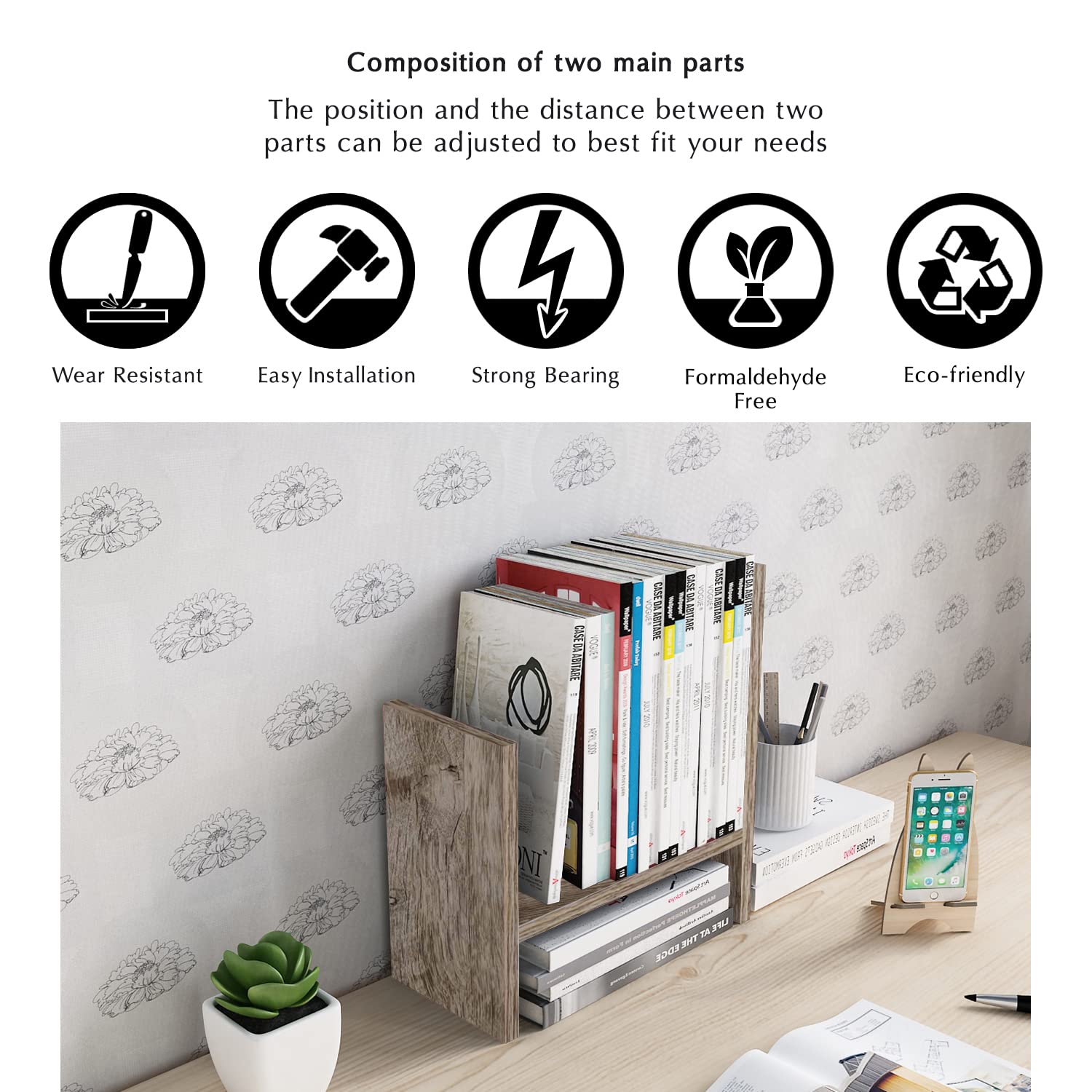 Jerry & Maggie Desktop Organizer Office Storage Rack Adjustable Wood Display Shelf Free Style Double H, Multi-Functional Mini Bookshelf for Desk Natural Stand (Violet) Dormly