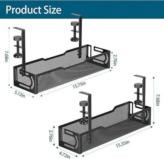2Pack Under Desk Cable Management Tray, No Drill Mesh Desk Cable Tray, Wire Management Tray Cable Management Rack, Wire Organizer and Cable Management Box (Black)