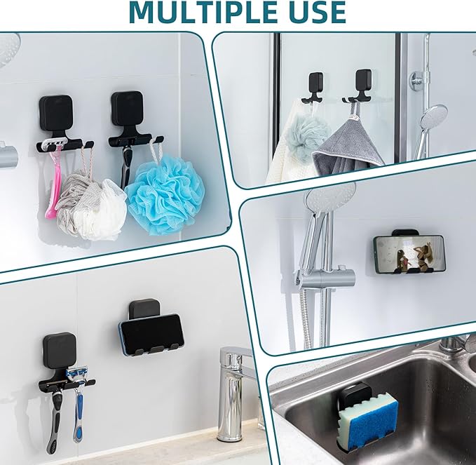 TAILI Powerful Suction Cup Razor Holder 2 Pack, Stylish 304 Stainless Steel Bathroom Suction Hooks for Towel, Loofah, Bathrobe, Shaver Holder for Shower Wall, Easy to Install and Reuse, Black