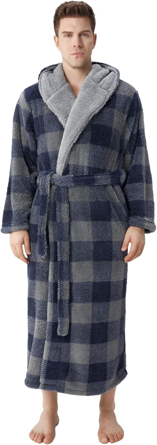 DAVID ARCHY Men's Hooded Robe Soft Coral Fleece Microfiber Bathrobe
