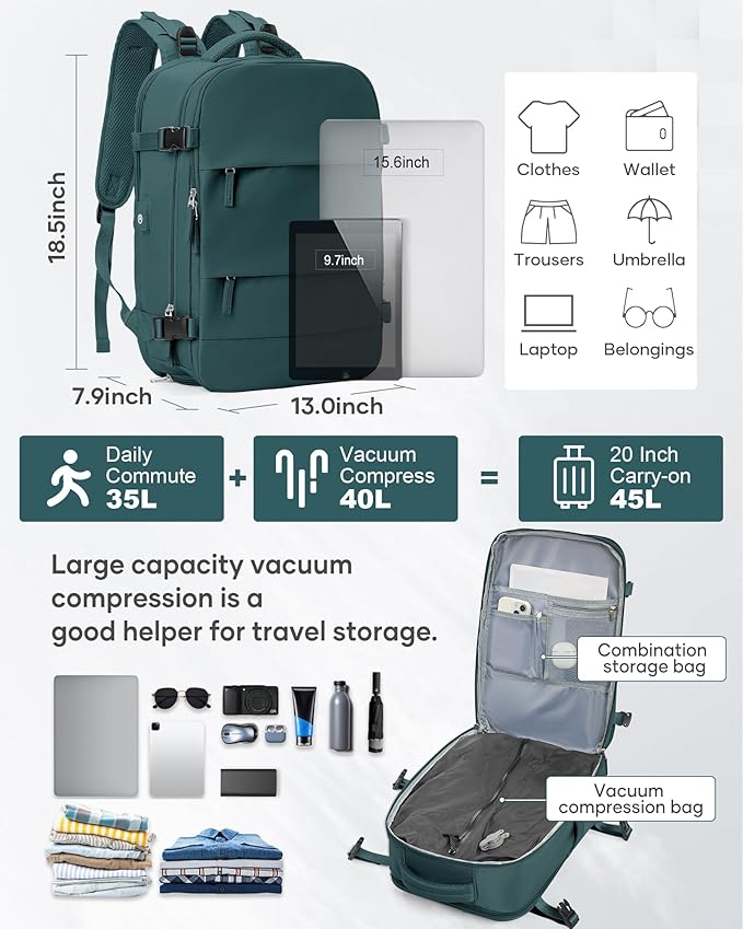 Vacuum Backpack Travel with Electric Vacpack Pump, Vacuum Compression Bags Travel Backpack for Women Men, Flight Approved Waterproof Carry on Backpacks Laptop Work Weekender Daypack, Large, Blue
