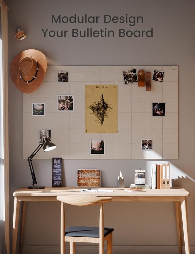 Large Felt Bulletin Board 48" x 36", 12-Pack 4-Compartment Wall Organizer, Cork Board Alternative with 70 Removable Adhesive Tabs, Modular Felt Panels for Home Office, Classroom and Study-Oatmeal
