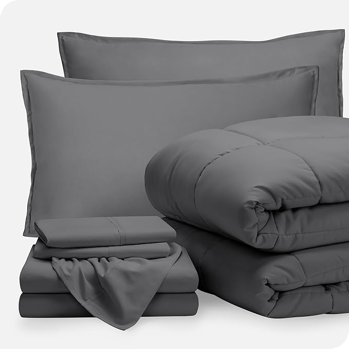 Bare Home Bed-in-A-Bag 7 Piece Comforter & Sheet Set - Queen - Goose Down Alternative - Ultra-Soft 1800 Premium - Bedding Set (Queen, Grey/Grey)