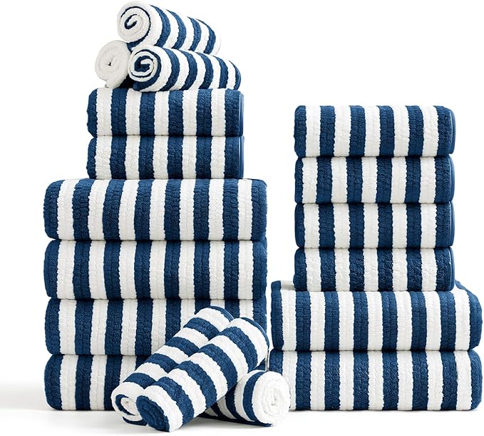 18-Piece Microfiber Bath Towels Set - 6 Bath Sheet, 6 Hand Towels, 6 Washcloths, Soft, Highly Absorbent Bathroom Towel, Quick Dry & Less Lint Shower towel for Bathroom, Hotel, Spa, Dorm-Navy Blue