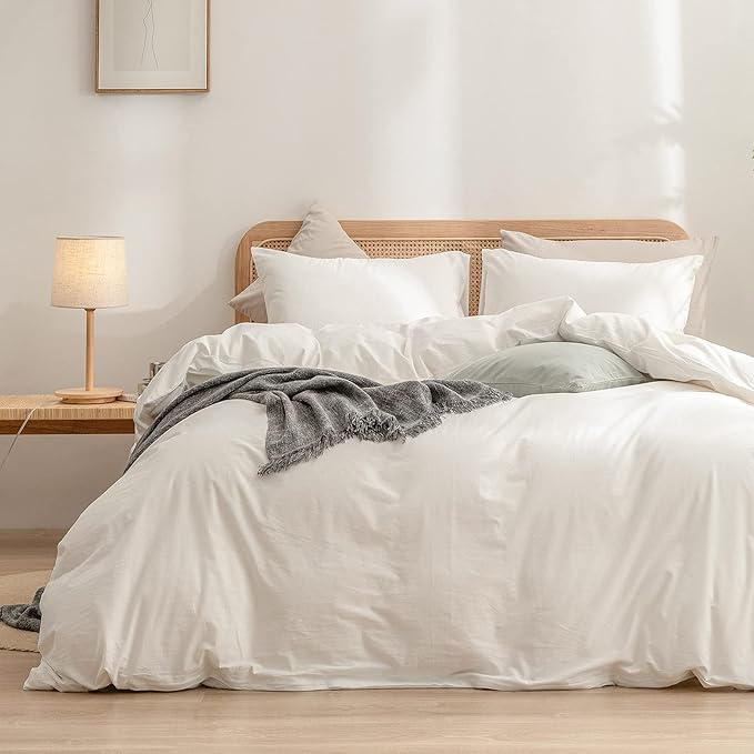 BESTOUCH Duvet Cover Set 100% Washed Cotton Linen Feel Super Soft Comfortable Chic Lightweight 3 PCs Home Bedding Set Solid Off White King