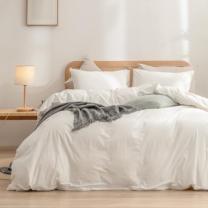 BESTOUCH Duvet Cover Set 100% Washed Cotton Linen Feel Super Soft Comfortable Chic Lightweight 3 PCs Home Bedding Set Solid Off White Super King