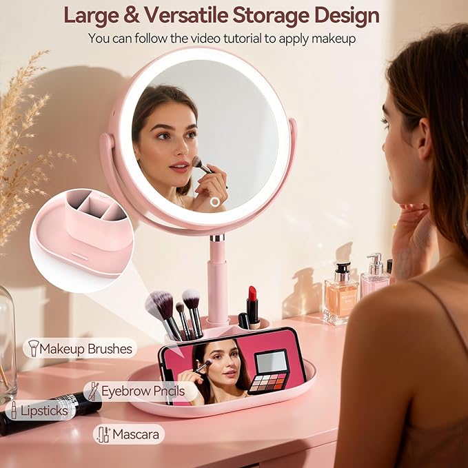 Shinowa Makeup Mirror with Lights, 1X/20X Lighted Magnifying Mirror with Storage for Makeup & Jewelry, 2-Sided Height Adjustable Vanity Mirror with 3 Color Lights, 360° Rotation & Rechargeable, Pink