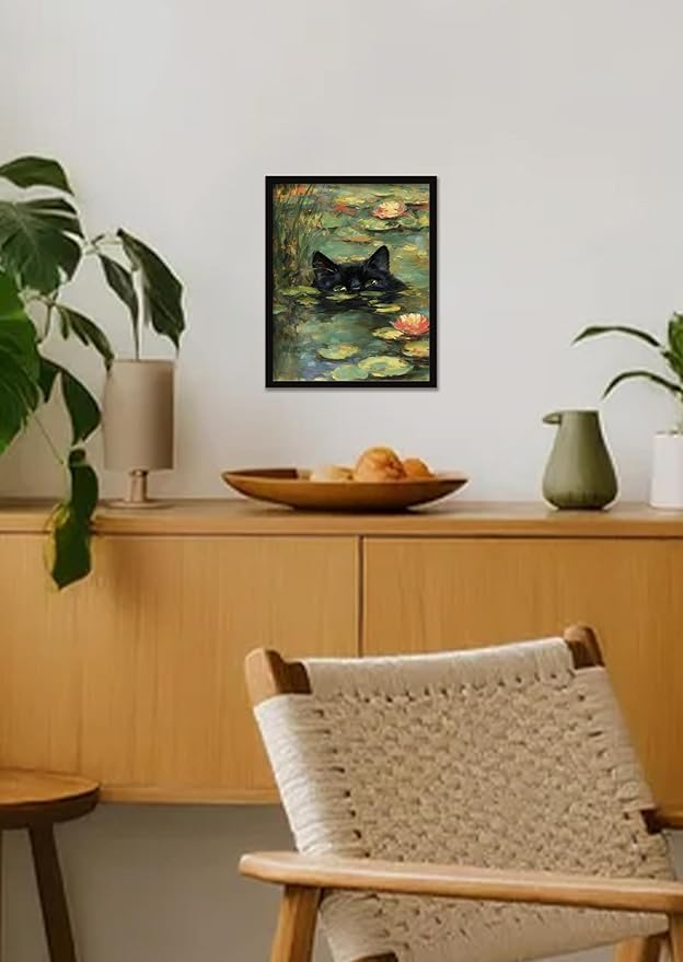 Monet Prints Vintage Cat Wall Art Print Cat In Water Lilies Posters Retro Canvas Art Wall Decor Picture For Bedroom Dorm Bathroom Wall Decor Aesthetic Home Artwork 8" × 10" With Framed