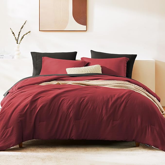 WRENSONGE Queen Comforter Set- 7 Pieces Soft Bright Red Bed in a Bag with Fitted Sheet, Flat Sheet, 2 Pillow Shams, and 2 Pillowcases- Warm Bedding Sets Queen for All Season