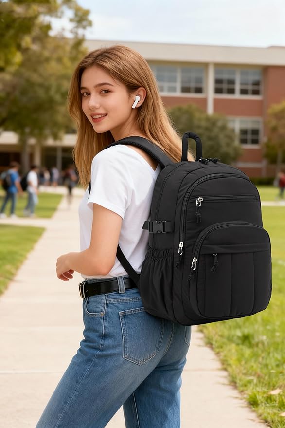 Backpack for Women, Quilted Laptop Bookbag with Pouch Pockets for College Work Travel Gym Teacher Nurses, Puffer High School Backpack for Girls, Black