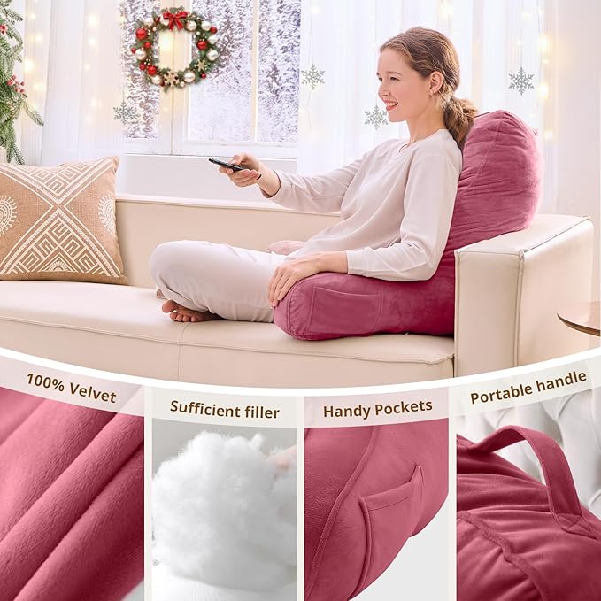 Sasttie Reading Pillow for Bed - 23 Inch, Back Pillow for Bed Sitting Up, Back-Rest Support Cushion with Side Pockets and Arms, Dorm Essentials, Oeko-Tex Certified, Rose Pink