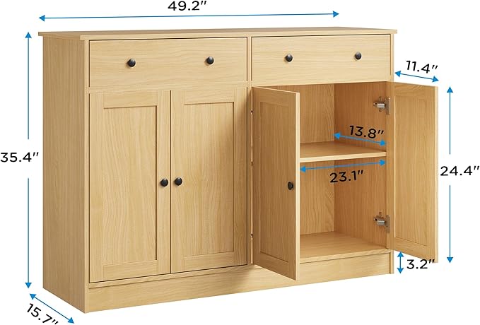 49" Oak Buffet Cabinet with Doors & Drawers, Modern Kitchen Storage Sideboard, Coffee Bar Console for Dining Room, Living Room, Entryway