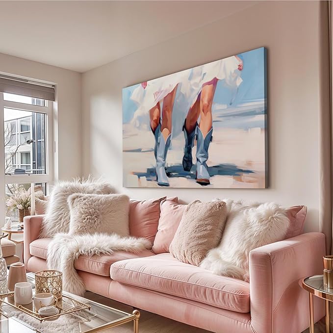 Cowgirl Boots Wall Decor, Girly Western Paintings for Apartment, Trendy Western Cowboy Boot Painting Girls Aesthetic Canvas Prints Cowboy Boot Wall Art Prints for Teen Girls Bedroom Framed 16x24 in
