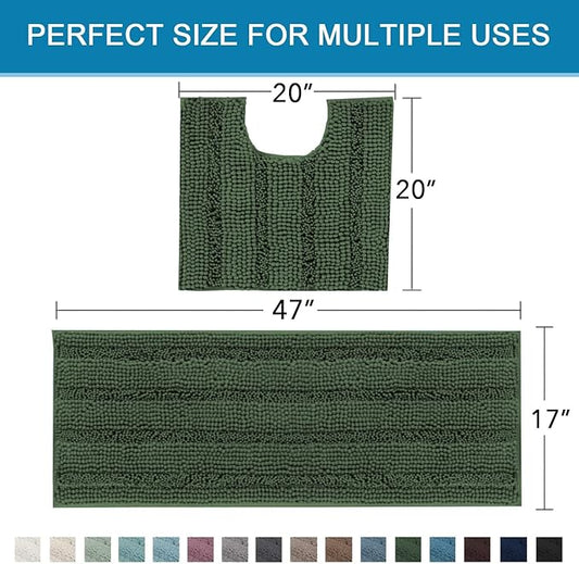 H.VERSAILTEX Bathroom Rugs Bath Rug Set 2 Piece Bathroom Contour Rug Toilet Mat Sets Non Slip Contour Bath Rug Ultra Thick Water Absorbent Striped Bath Mats(47" x 17" Plus 20" x 20" U, Bronze Green)