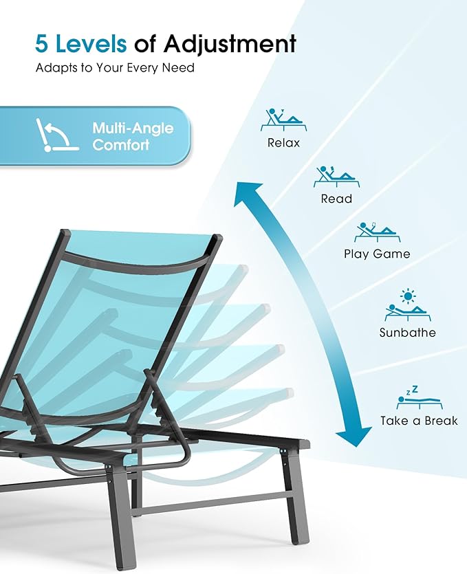 Ciokea Upgraded Aluminum Outdoor Lounge Chair - No Assembly Needed, Foldable Patio Chaise Lounge with 5 Adjustable Positions, Reinforced Frame for Extra Durability, Pool Beach Lounge Chair,Lake Blue