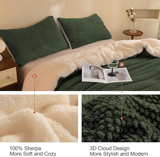 3D Jacquard Design Comforter Set, Ultra-Soft Warm Queen Size Sherpa Fur Plush 3-Pieces Sets Luxury Cozy Bedding with 2 Pillowcases (90"x90", Dark Green)
