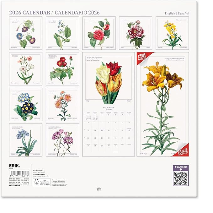 Botanical Wall Calendar 2026 12" x 12" FSC® Plastic Free - Starts Week On Sunday | Family Planner Flowers Calendar 2026