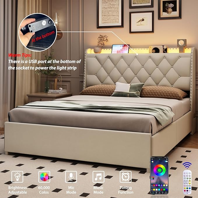 Queen Size Bed Frame with 4 Drawers and Storage Headboard, Upholstered Button Tufted Platform Bed Queen with Led Lights and Charging Station, No Box Spring Needed, Easy Assembly, Noise Free, Beige