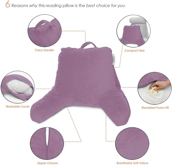 Nestl Reading Pillow with Shredded Memory Foam, Designed for Sitting Up in Bed and Couch, Back and Arms Adjustable Support for Adult & Teens Backrest Pillows for Reading Washable Cover, Lavender Dream