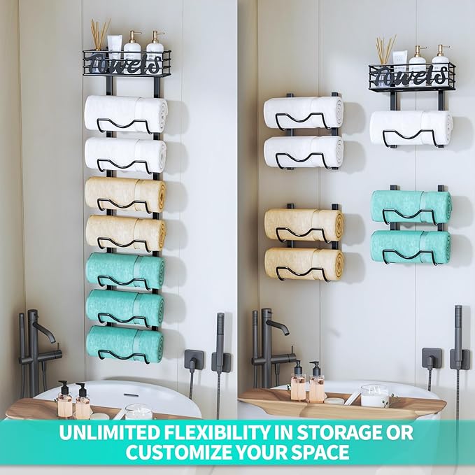 HapiRm Over The Door Towel Rack - 8 Tier Wall Mount Rolled Towel Holder Storage Organizer Shelf with Storage Basket for Small Bathroom, Rv, Camper - Black
