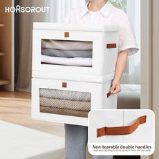 Large Clothing Storage Bins - Collapsible Boxes with Handles & Window, Decorative Organizer Bins with Lids, Fabric Containers for Living Room, Dorm, 4 Pack, White