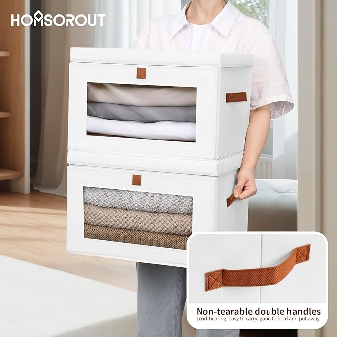 Large Clothing Storage Bins - Collapsible Boxes with Handles & Window, Decorative Organizer Bins with Lids, Fabric Containers for Living Room, Dorm, 6 Pack, White