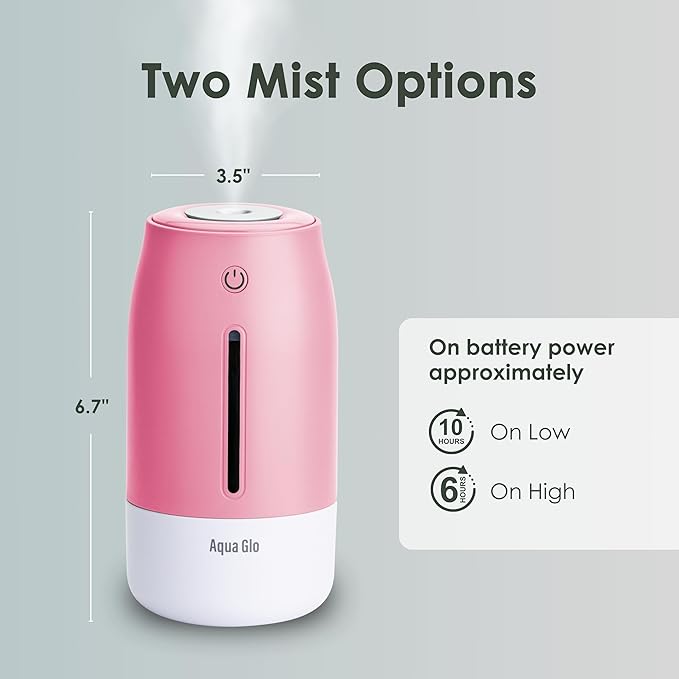 Aqua Glo Personal, Portable Humidifiers for Bedroom – Ultrasonic Cool Mist Humidifier with Built In Rechargeable Battery. Air Humidifier for Baby, Plants, Home, Office, Travel. Rose Quartz