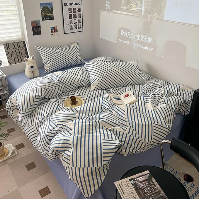 VM VOUGEMARKET Blue Striped Bedding Set King,Instagram Style Geometric Duvet Cover with Zipper Ties 100% Cotton Modern Fashion Bedding Set for Men Women-104x90 Inch