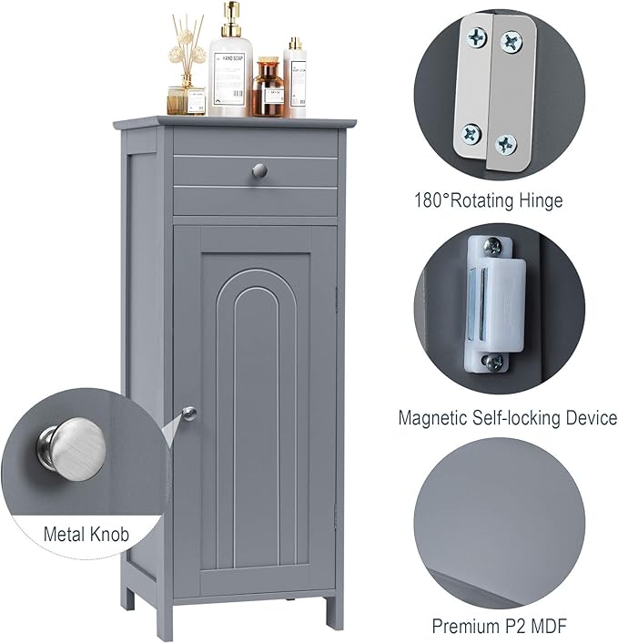 Tangkula Bathroom Floor Cabinet, Wooden Side Storage Cabinet, Freestanding Single Door Bathroom Cabinet with Large Drawer & 2 Adjustable Shelves for Living Room Kitchen (Grey)