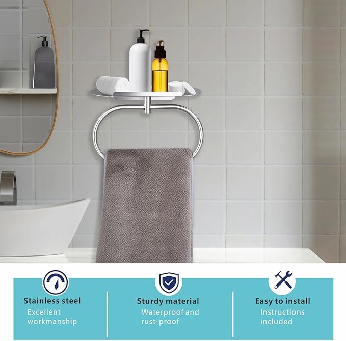 Towel Ring with Shelf Steel Self, Stainless Steel Bath Towel Rings, Self Adhesive Hand Towel Ring for Bathroom, Wall Mounted Towel Hanger for Bathroom Kitchen (Silver)