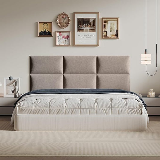 12-Piece King Size Upholstered Headboard in Khaki Linen, Wall Mounted Fabric Headboard & Panels Set, Large Scale for Master Bedroom Wall Decor