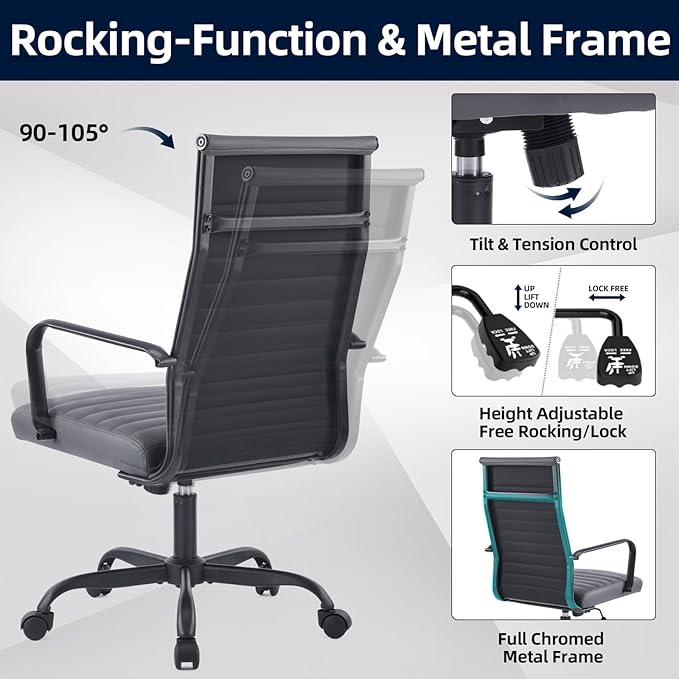 Office Chair, Ergonomic Executive Conference Room Chairs, Ribbed Leather Desk Chair with Lumbar Support, Adjustable Height Mid-Back Swivel Chair with Padded Seat