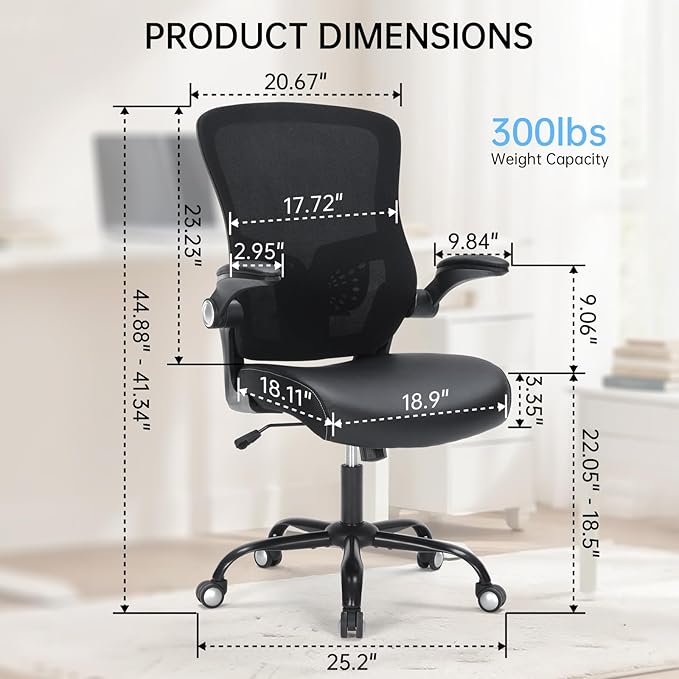 Ergonomic Office Chair, Mid Back Breathable Mesh Desk Computer Swivel Chair with Adjustable Lumbar Support,Flip up Arms,PU Leather Cushion for Home Office, Black