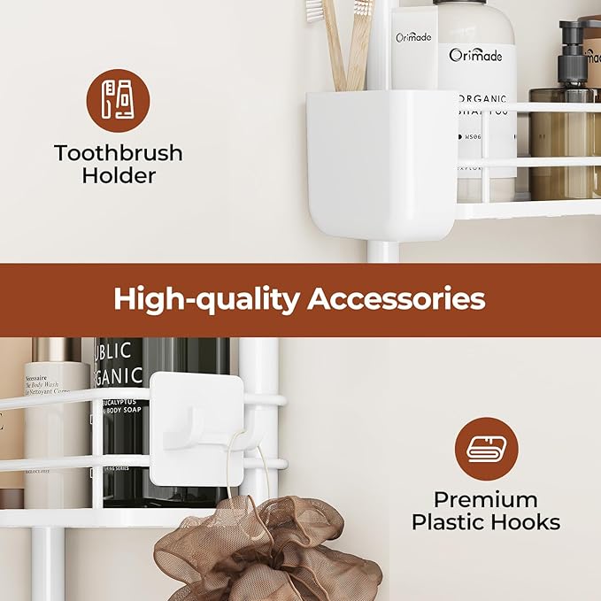 Orimade Rustproof 2 Tier Floor Standing Corner Shower Caddy Organizer with Toothbrush Holder, Large Spacing Floor Shower Shelf Rack Storage Stands with Hooks for Bathroom Kitchen, White