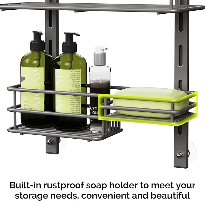Orimade Over The Door Shower Caddy Adjustable 4 Tier Dark Grey,Bathroom Hanging Organizer Shelf Rustproof with 4 Hooks,Shower Basket with Soap Holder and Suction Cup