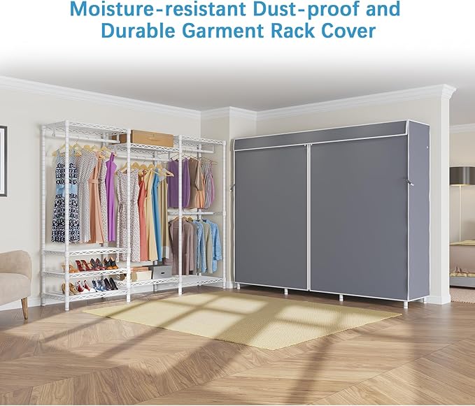 VIPEK V5C Portable Bedroom Armoires Wardrobe Closet with Cover, Heavy Duty Covered Clothes Rack Adjustable Closet Rack, White Metal Clothing Rack with Grey Oxford Fabric Cover, 70.1" Lx17.3 Wx76.4 H