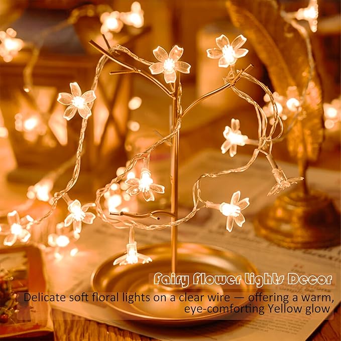 Fairy Flower String Lights Battery USB Operated, 10ft 30 LED Decorative Cute Cherry Blossom Floral Lamp for Bedroom, Christmas, Parties, Wedding, Centerpiece, Dorm Indoor Decoration (Warm White)