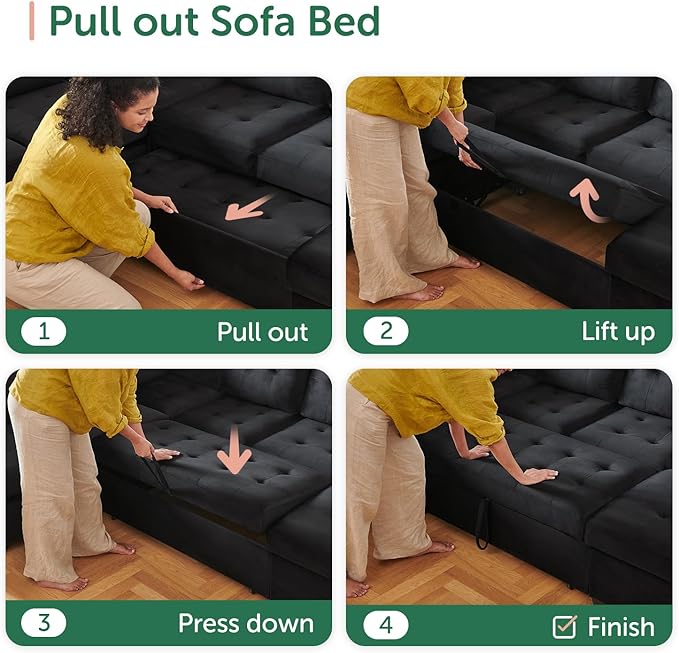 HONBAY Sectional Sleeper Sofa with Pull Out Bed, Sleeper Sectional Couch for Living Room, Sofa Bed with Storage Chaise, Velvet Black