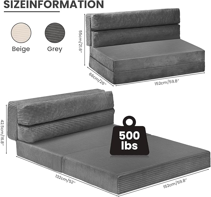 Folding Sofa Bed, Convertible Sleeper Chair with Pilow Foldable Matress, 2 in 1 Pull Out Loveseat Sofa Portable Fold Out Chair Bed Floor Couch Lounge for Living Room Bedroom (Grey, Queen)