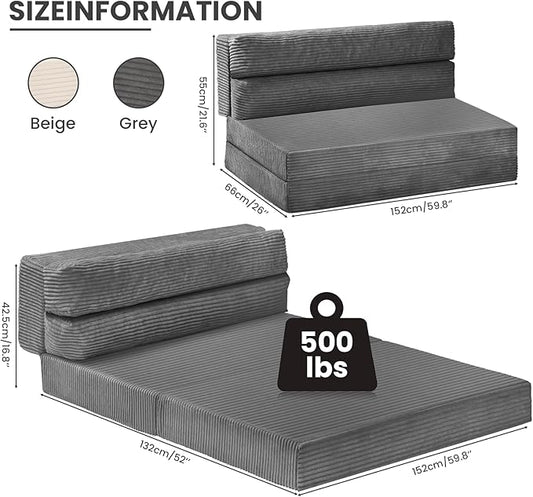 Folding Sofa Bed, Convertible Sleeper Chair with Pilow Foldable Matress, 2 in 1 Pull Out Loveseat Sofa Portable Fold Out Chair Bed Floor Couch Lounge for Living Room Bedroom (Grey, Queen)