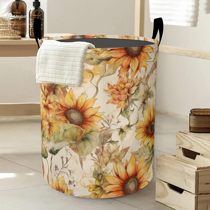 Laundry Basket, Retro Sunflower Flowers Oxford Cloth Laundry Hamper With Handle Foldable Portable Clothes Storage Basket Storage Bag For Laundry Room/Bathroom/Bedroom/Dormitories
