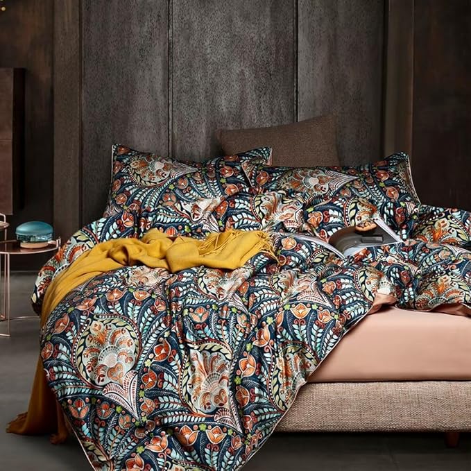 MKXI Blue Comforter Set Queen Pink Paisley Patterned Floral Bedding Comforter Set Boho Bed Quilt Summer Comforter 90"x 90"