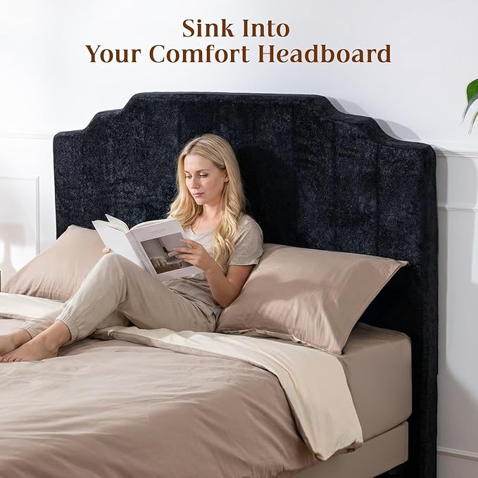 King Headboard Only - Black Velvet Upholstered Headboard for Bed, No Assembly Required, Pure Sponge Design, Place Between Bed & Wall, Vertical Stripe with Stepped Crown Top Edge