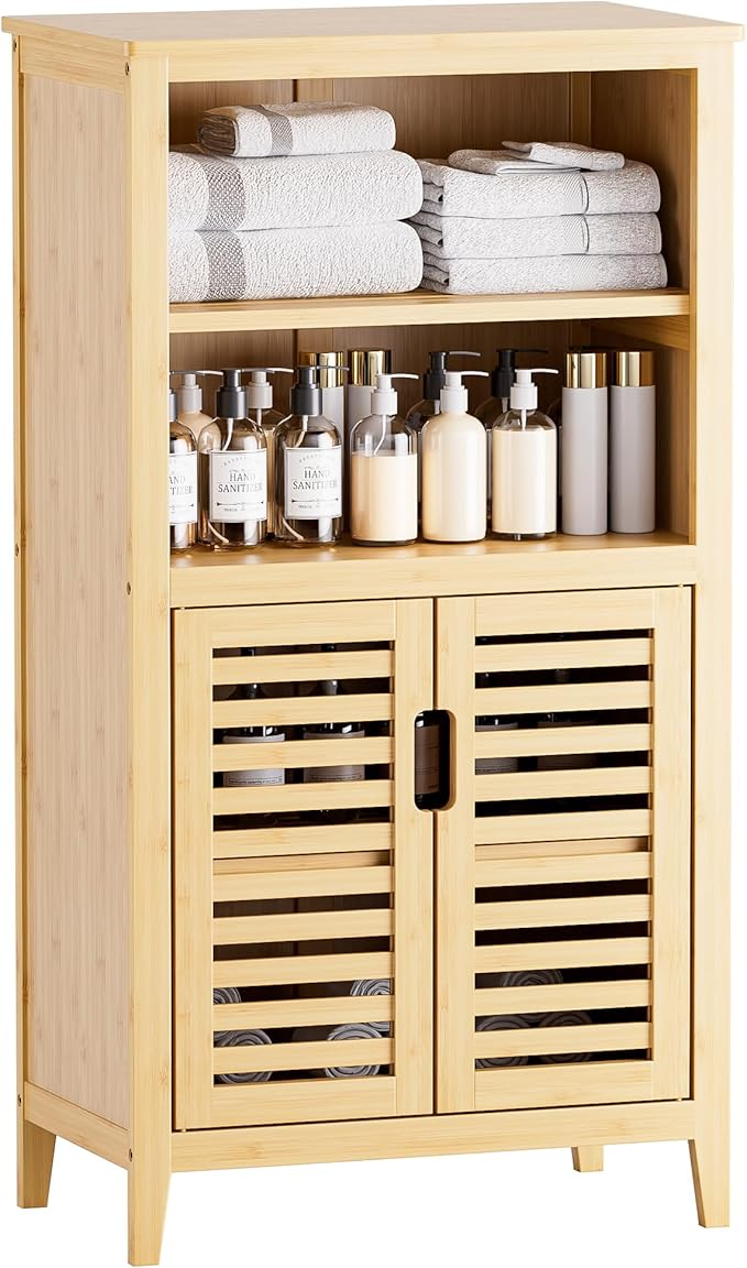 HITNET Bathroom Cabinet Freestanding, Bamboo Storage Cabinet 5-Tier Floor Cupboard with Door and Shelf for Bathroom, Kitchen, Hallway, Natural