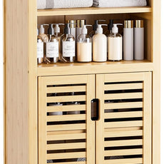 HITNET Bathroom Cabinet Freestanding, Bamboo Storage Cabinet 5-Tier Floor Cupboard with Door and Shelf for Bathroom, Kitchen, Hallway, Natural